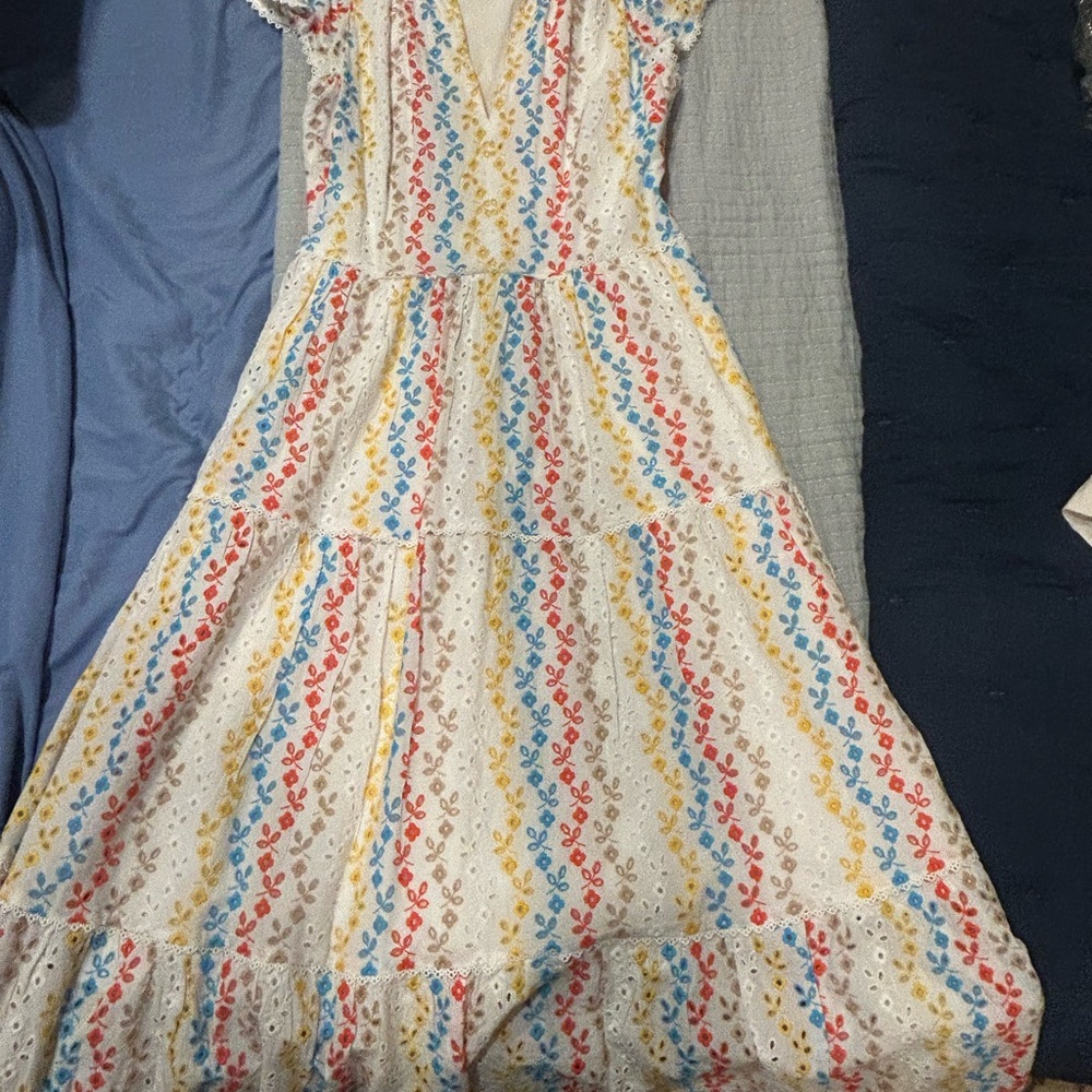 ANTONIO MELANI White Dress with Blue and Yellow Embroidery
